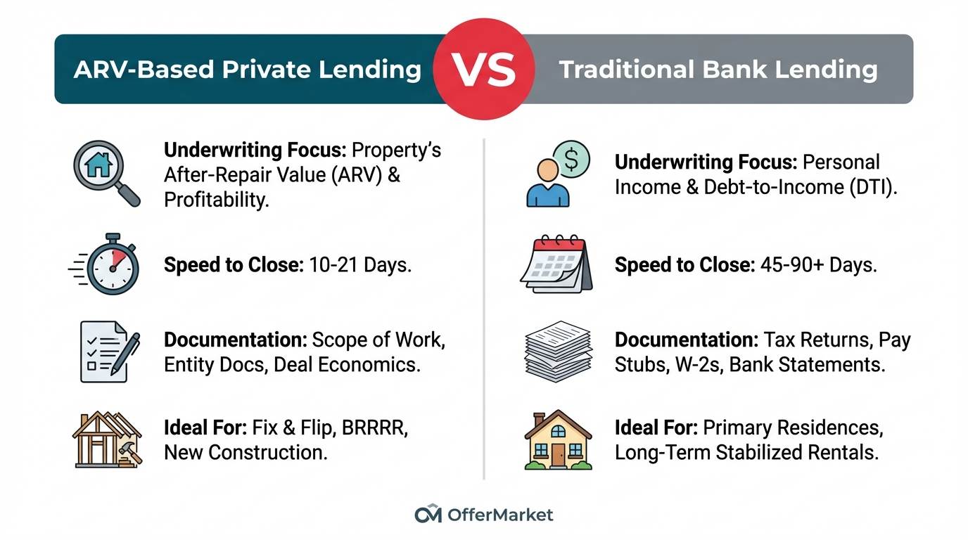 An infographic comparing ARV-Based Private Lending to Traditional Bank Lending. The ARV side highlights underwriting based on property value, closings in 10-21 days, and suitability for fix-and-flip projects. The Traditional side shows underwriting based on personal income, closings in 45-90+ days, and suitability for primary residences.