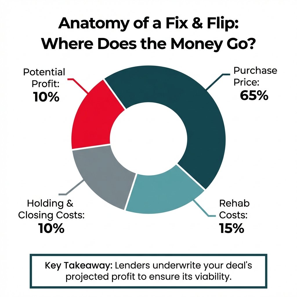 A donut chart showing the cost breakdown of a typical fix-and-flip project. The segments are Purchase Price (65%), Rehab Costs (15%), Holding & Closing Costs (10%), and Potential Profit (10%).