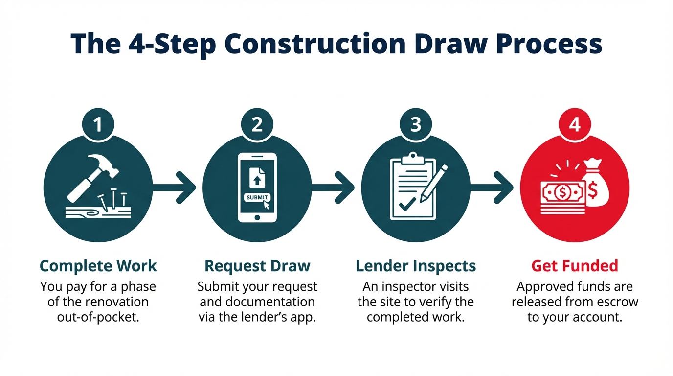 A flowchart illustrating the 4-step construction draw process. The steps are: 1. Complete Work, 2. Request Draw, 3. Lender Inspects, and 4. Get Funded. Each step is accompanied by a descriptive icon.