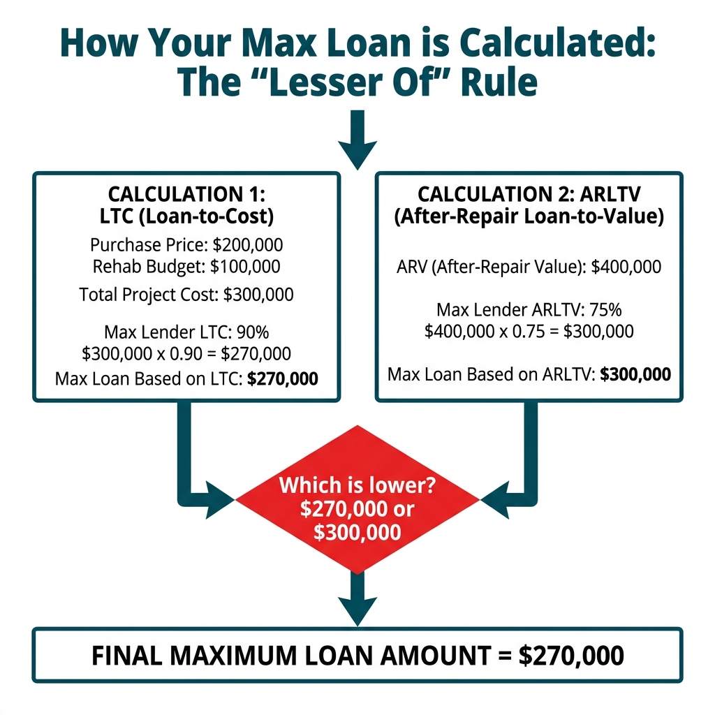 Infographic explaining the 'lesser of' rule for hard money loans. It shows two calculations: one for Loan-to-Cost (resulting in a $270,000 max loan) and one for After-Repair Loan-to-Value (resulting in a $300,000 max loan). The infographic concludes that the final maximum loan amount is the lower of the two, which is $270,000.