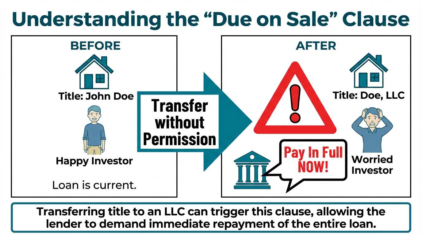 An infographic explaining the due on sale clause. The 