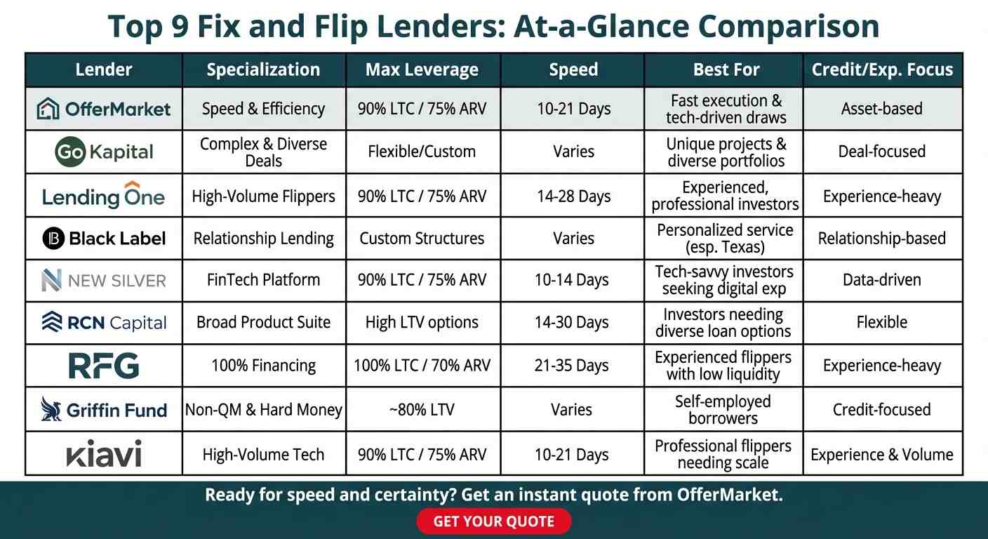 An infographic grid comparing the top 9 fix and flip lenders. The chart compares OfferMarket, Go Kapital, Lending One, and others across categories like specialization, max leverage, speed, and ideal customer profile, with a call-to-action for OfferMarket at the bottom.