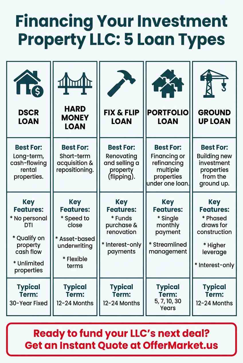 An infographic comparing five types of loans for an LLC investment property: DSCR Loan, Hard Money Loan, Fix & Flip Loan, Portfolio Loan, and Ground Up Loan. Each column details what the loan is best for, its key features, and the typical term. The OfferMarket logo and a call to action are at the bottom.