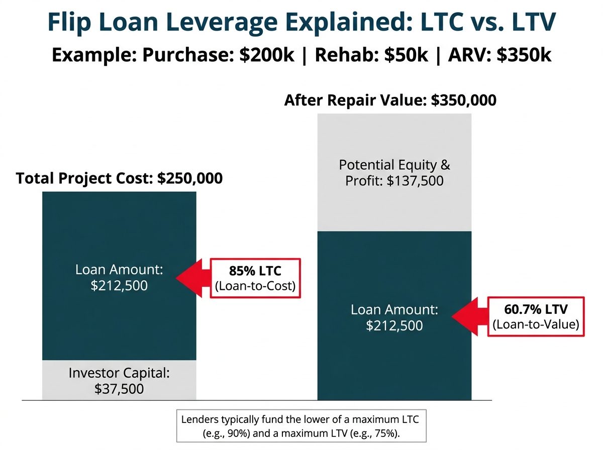 A bar chart comparing Loan-to-Cost (LTC) and Loan-to-Value (LTV) for a flip loan. The chart shows that an 85% LTC loan on a $250,000 project results in a $212,500 loan, which represents 60.7% of the $350,000 After Repair Value.