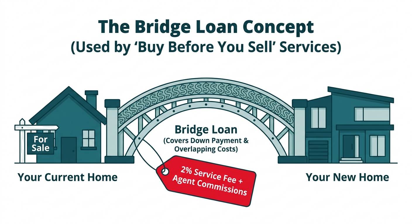 An illustration explaining a bridge loan for real estate. It shows a bridge made of money connecting an 