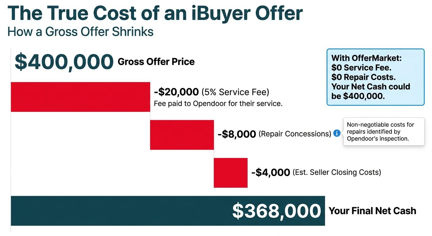 A waterfall chart showing the costs of selling a $400,000 home to Opendoor. It starts with a $400,000 gross offer, then deducts a $20,000 service fee, $8,000 in repairs, and $4,000 in closing costs, resulting in a final net cash amount of $368,000 for the seller.