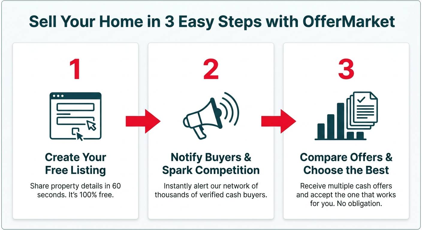 A three-panel infographic showing how to sell on OfferMarket. Step 1 is to create a free listing. Step 2 is to notify buyers and create competition. Step 3 is to compare offers and choose the best one.