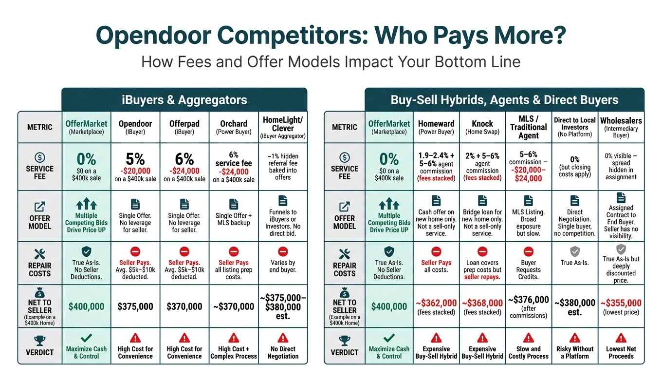 An infographic comparing home selling methods. It shows that OfferMarket has a 0% service fee, leading to a higher net profit for the seller, while Opendoor and Offerpad have 5-6% fees and repair costs that significantly reduce the seller's proceeds. The example shows a seller netting $400,000 with OfferMarket versus $375,000 with Opendoor on a $400,000 home.