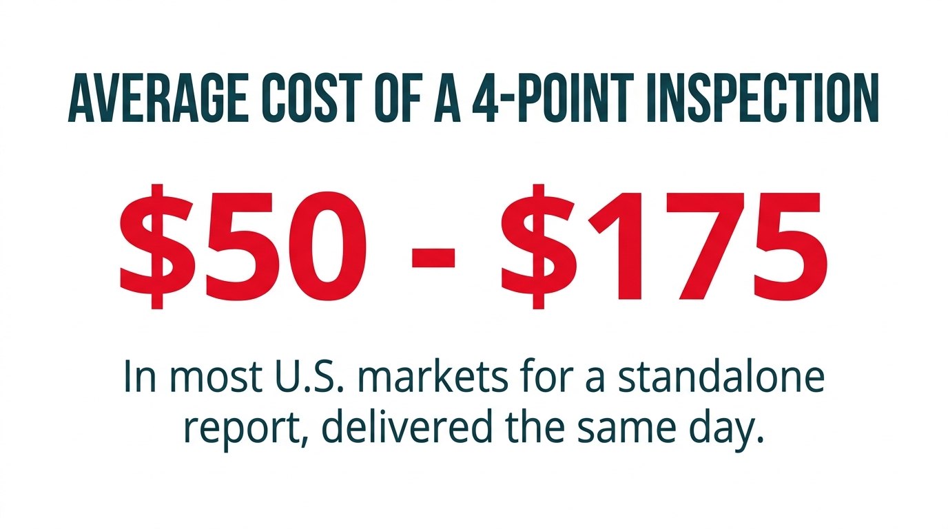 A graphic showing the average cost of a 4-point inspection is between $50 and $175 in most U.S. markets.