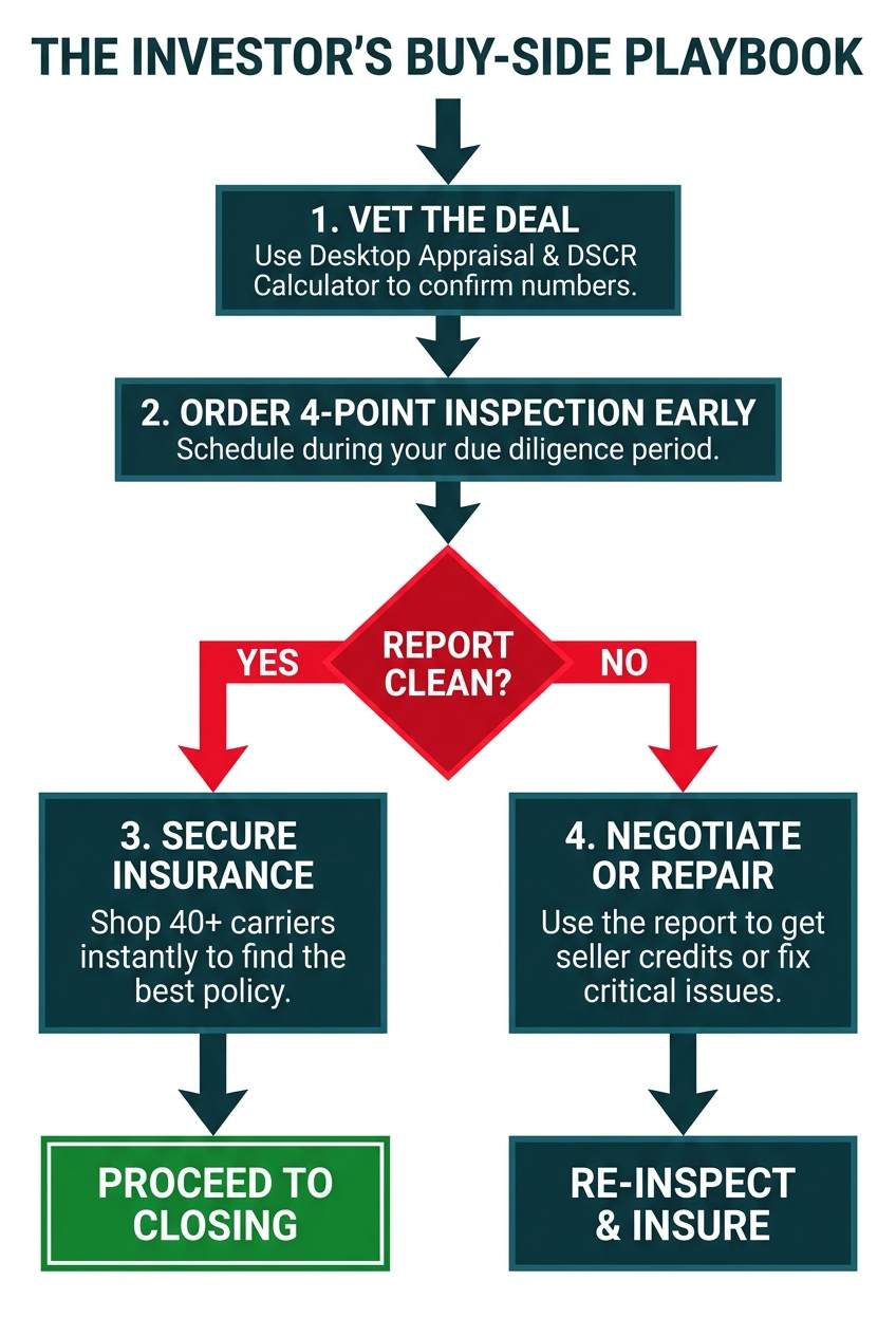 A flowchart of the investor's buy-side playbook for a 4-point inspection. It starts with vetting the deal, ordering the inspection, then splitting based on results: if clean, secure insurance and close; if not, negotiate repairs, then reinspect and insure.