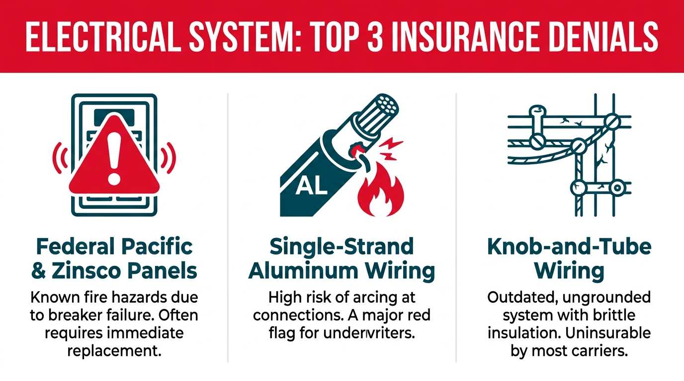 Infographic showing the top 3 electrical system red flags for insurance: Federal Pacific & Zinsco Panels (fire hazard), Single-Strand Aluminum Wiring (arcing risk), and Knob-and-Tube Wiring (outdated and ungrounded).