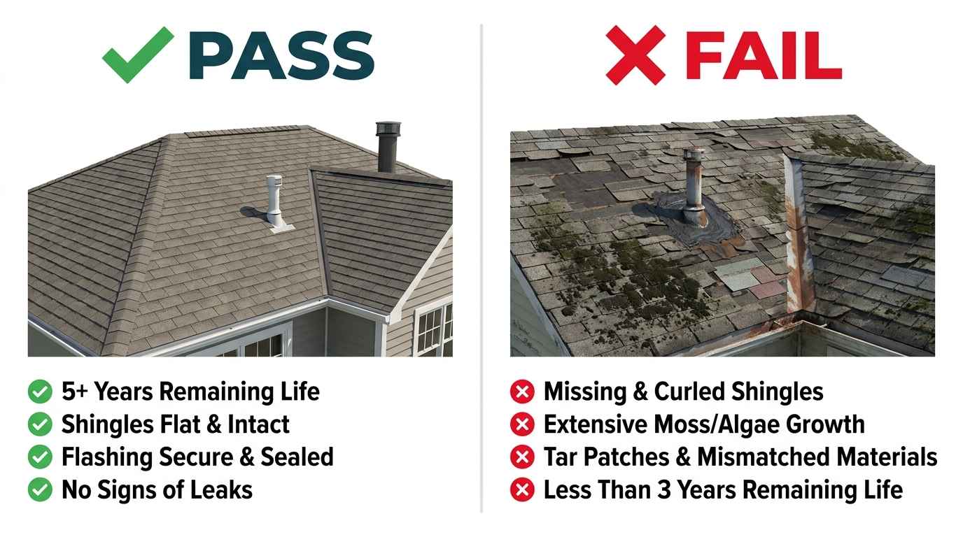 A side-by-side comparison of a roof that passes a 4-point inspection and one that fails. The passing roof is in excellent condition, while the failing roof has missing shingles, moss, and visible patches.