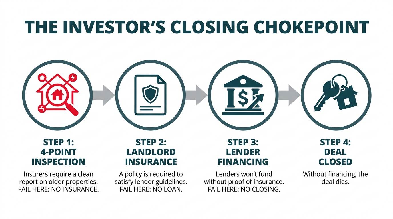 An infographic flowchart titled "The Investor's Closing Chokepoint" showing the four steps to closing a real estate deal. Step 1 is a 4-Point Inspection, which is required for Step 2, Landlord Insurance. Insurance is required for Step 3, Lender Financing, which is necessary for Step 4, Deal Closed. A failure at any early step prevents the deal from closing.