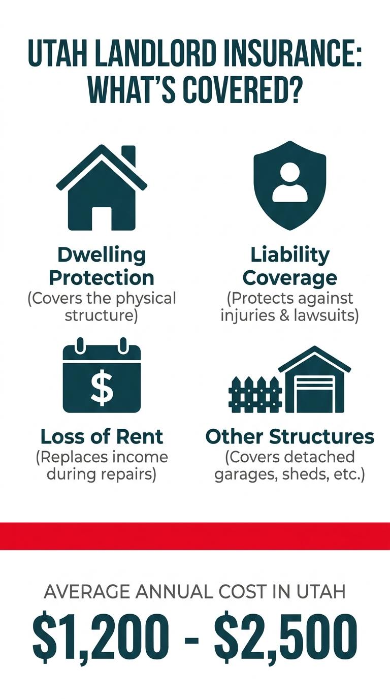 An infographic detailing the core coverages of Utah landlord insurance. It lists Dwelling Protection, Liability Coverage, Loss of Rent, and Other Structures with icons, and states the average annual cost is between $1,200 and $2,500.
