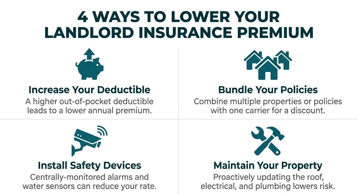 An infographic with four tips to lower landlord insurance premiums: Increase Your Deductible, Bundle Your Policies, Install Safety Devices, and Maintain Your Property. Each tip is accompanied by a relevant icon.
