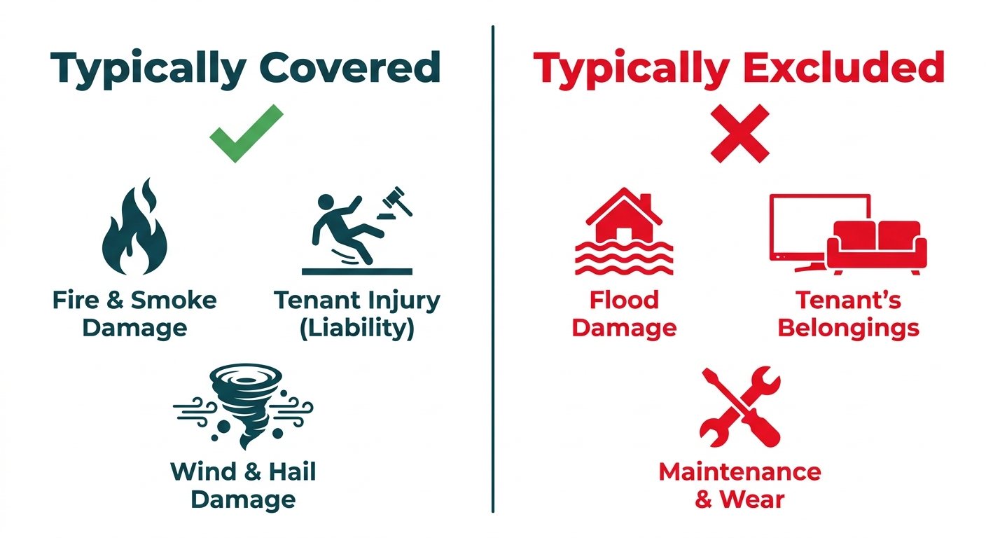A two-column infographic comparing what Utah landlord insurance covers versus what it excludes. Covered items include fire, liability, and wind. Excluded items include flood damage, tenant's belongings, and routine maintenance.
