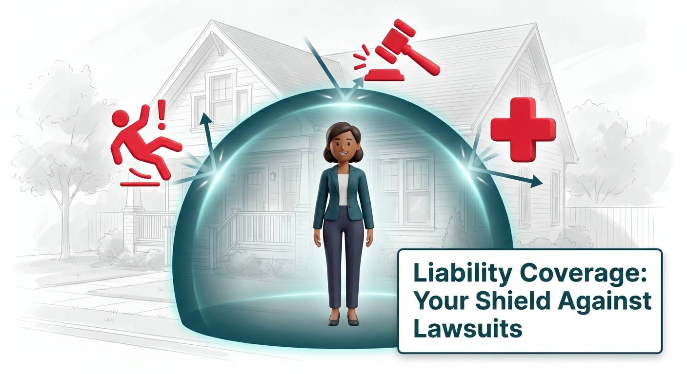 An illustration showing a landlord protected by a glowing shield, which deflects icons representing liability risks like lawsuits and injuries, symbolizing the protection of landlord liability insurance.