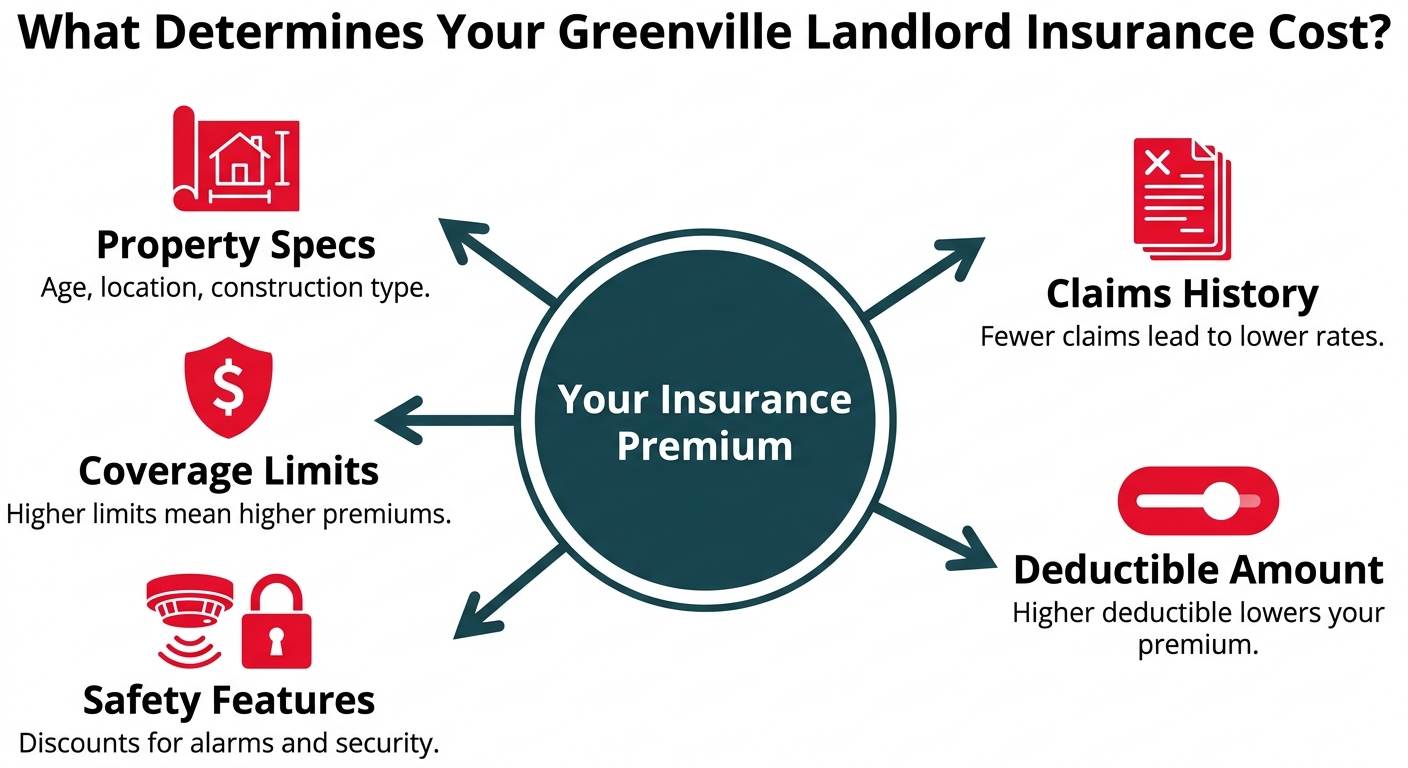 A chart showing the factors that influence landlord insurance costs, including property specs, coverage limits, safety features, claims history, and deductible amount, all pointing to a central circle labeled 
