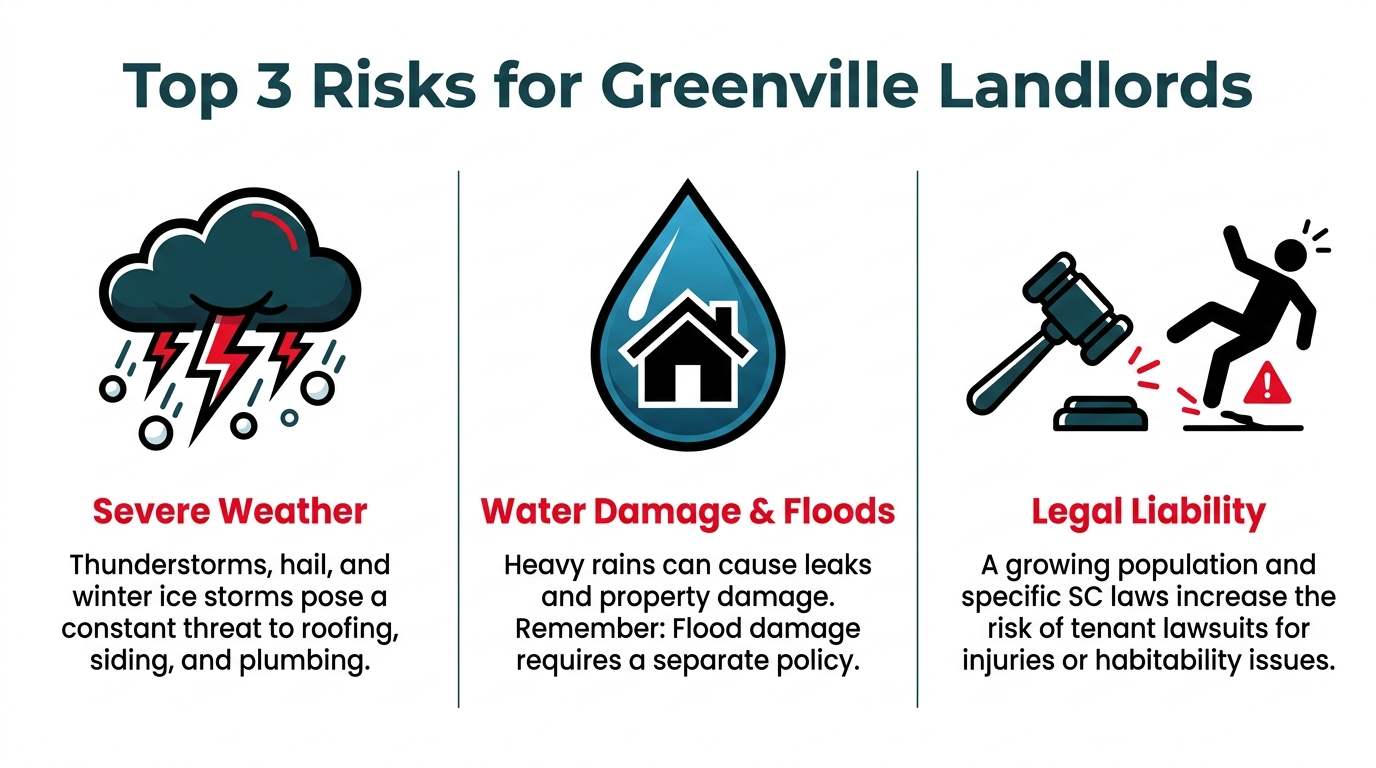 An infographic detailing the top 3 risks for Greenville landlords: Severe Weather (thunderstorms, hail, ice), Water Damage (leaks and floods), and Legal Liability (tenant lawsuits).