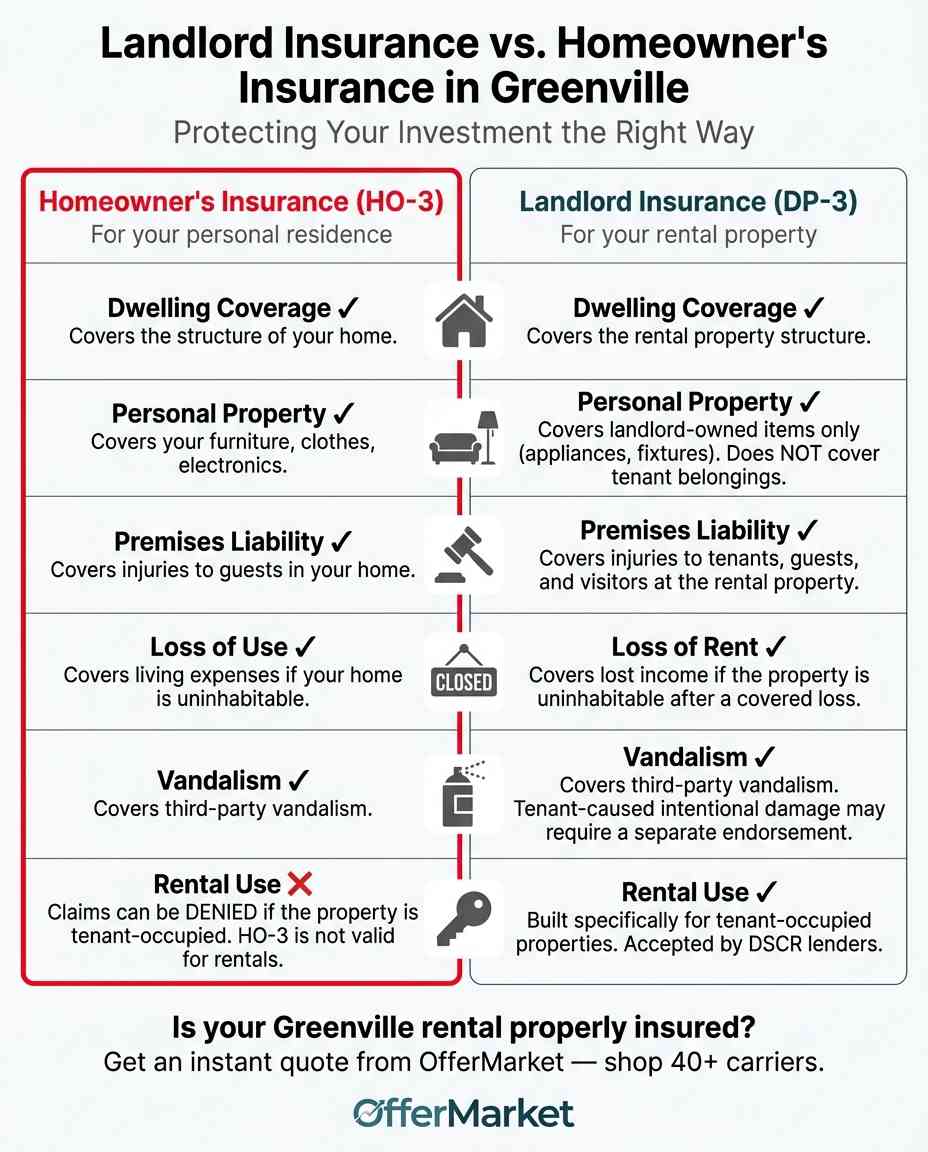 An infographic comparing Homeowner's Insurance and Landlord Insurance in Greenville, SC. It shows that while both cover the dwelling, landlord insurance specifically covers rental liability and loss of rent, whereas homeowner's insurance covers personal belongings and loss of use for the resident.