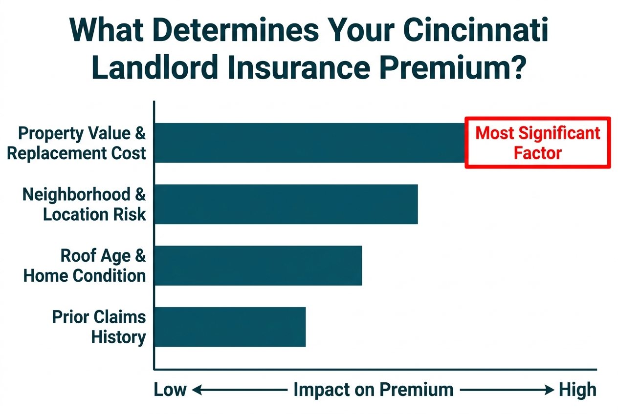 A horizontal bar chart showing the factors that impact Cincinnati landlord insurance costs. Property value has the highest impact, followed by neighborhood location, roof age and condition, and prior claims history.