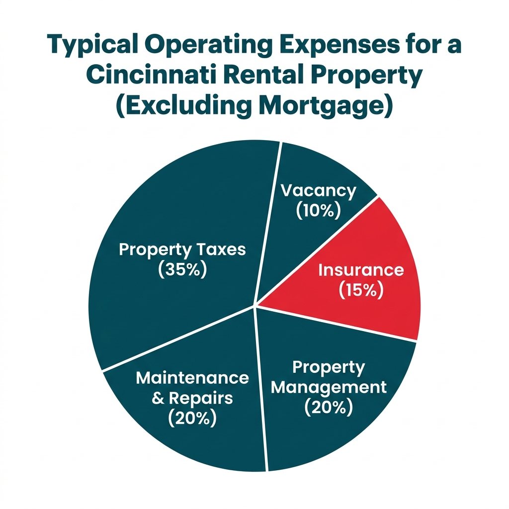 A pie chart showing the breakdown of operating expenses for a Cincinnati rental. Property Taxes are the largest at 35%, followed by Maintenance (20%), Property Management (20%), Insurance (15%), and Vacancy (10%).
