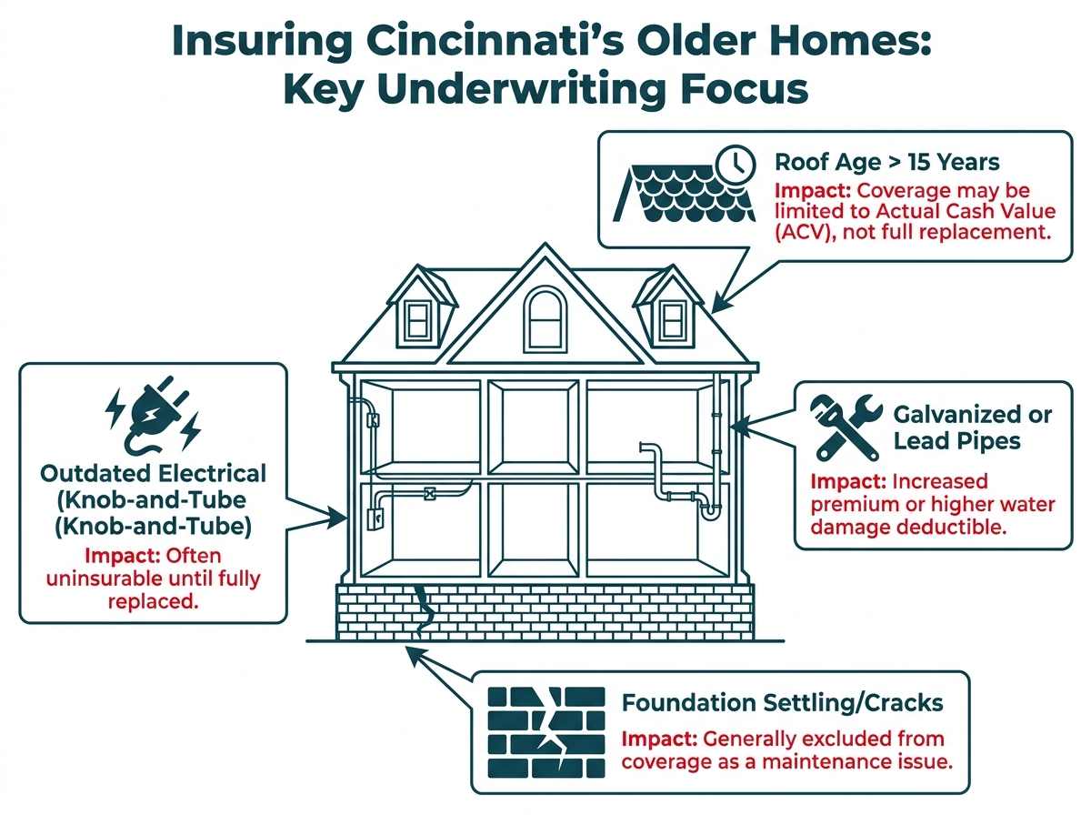 An infographic showing the four main insurance challenges in older Cincinnati homes: aged roofs leading to ACV coverage, outdated electrical systems being uninsurable, old plumbing increasing premiums, and foundation issues being excluded.
