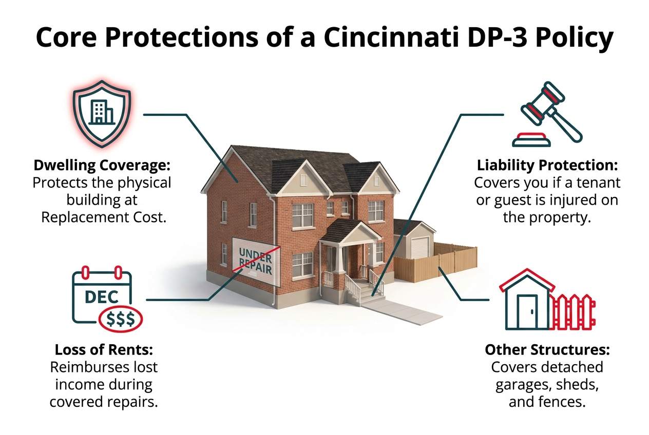 An illustration showing the four main coverages of a landlord insurance policy. Icons for dwelling, liability, loss of rents, and other structures are pointing to a rental house, each with a brief explanation of what it covers.