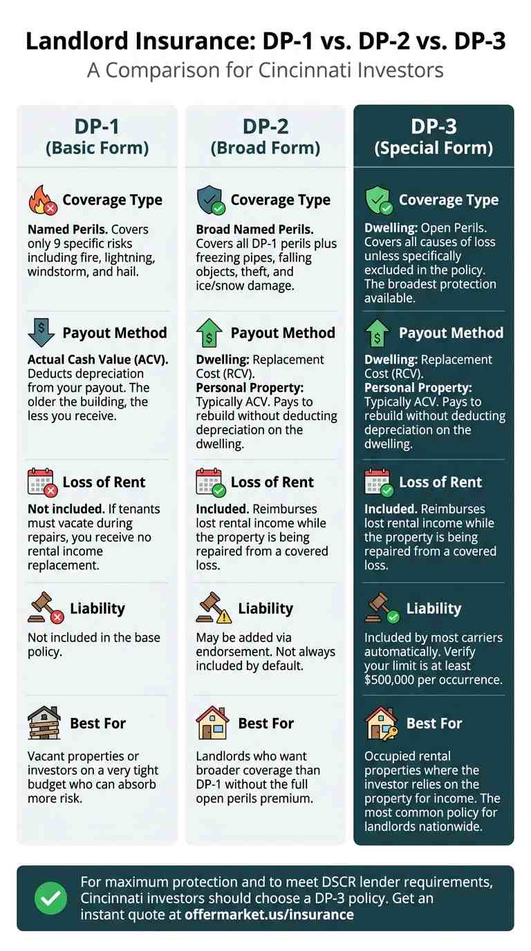 An infographic comparing DP-1, DP-3, and HO-3 insurance policies for Cincinnati landlords. It shows that DP-1 is a basic, named-peril policy with actual cash value payout. HO-3 is for owner-occupied homes. DP-3 is the recommended choice, offering open-peril coverage, replacement cost payout, and features like liability and loss of rents protection.