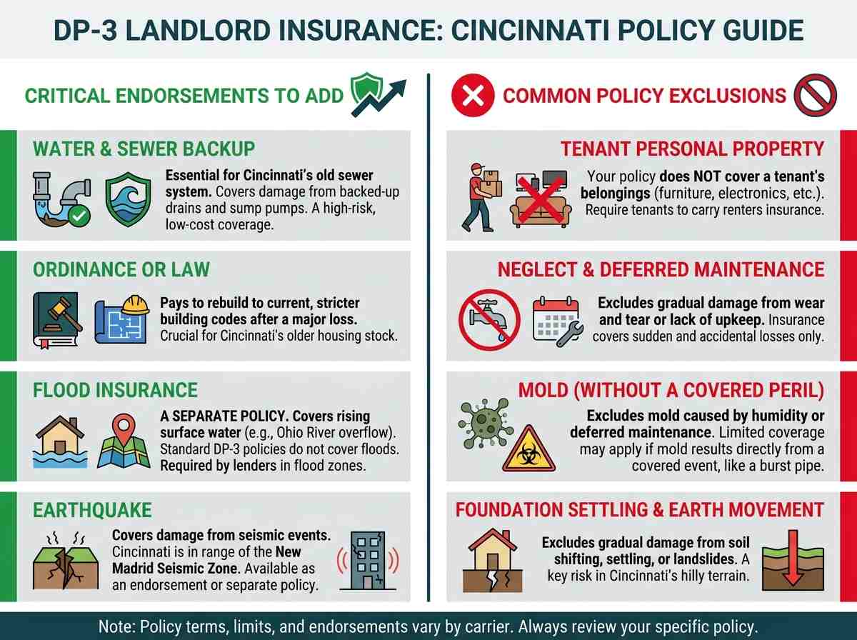 A call-out box stating that standard landlord policies do not cover water and sewer backup, and that this endorsement is essential for properties in Cincinnati due to aging infrastructure.