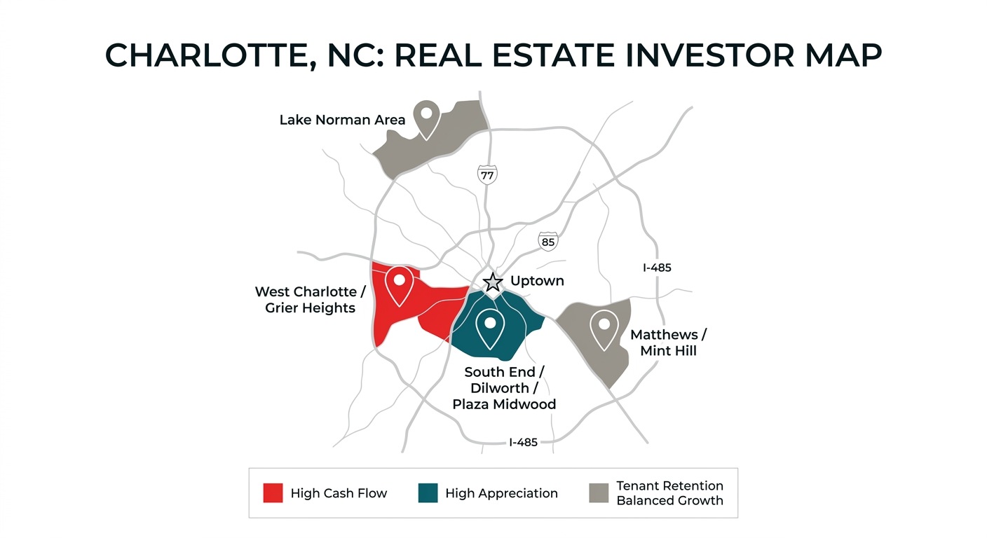 A stylized map of Charlotte, NC, for real estate investors, highlighting high cash-flow neighborhoods like West Charlotte in red, high-appreciation areas like South End in green, and tenant retention submarkets like Matthews and Lake Norman in blue.
