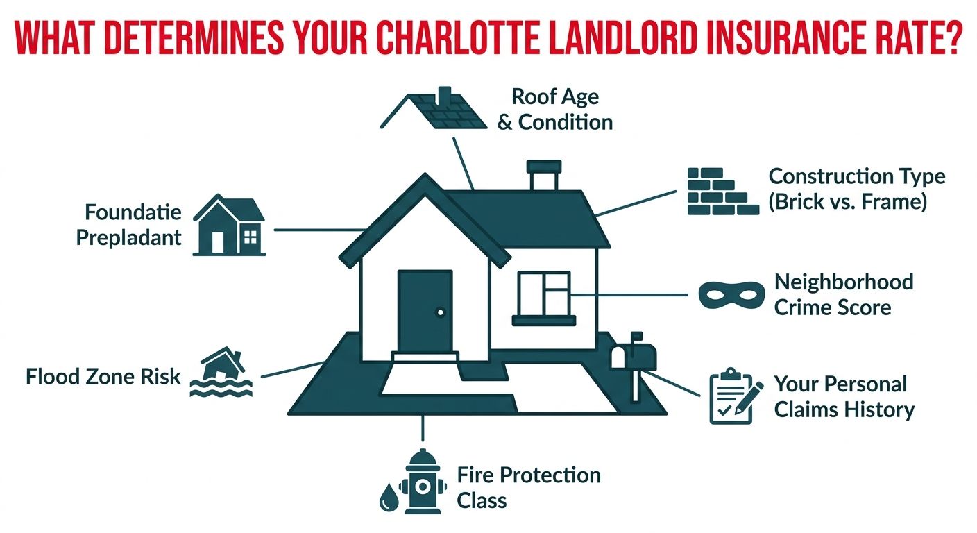 Infographic displaying the key factors that influence a landlord insurance quote, including roof age, construction type, crime score, claims history, fire protection, and flood risk, all centered around an illustration of a house.