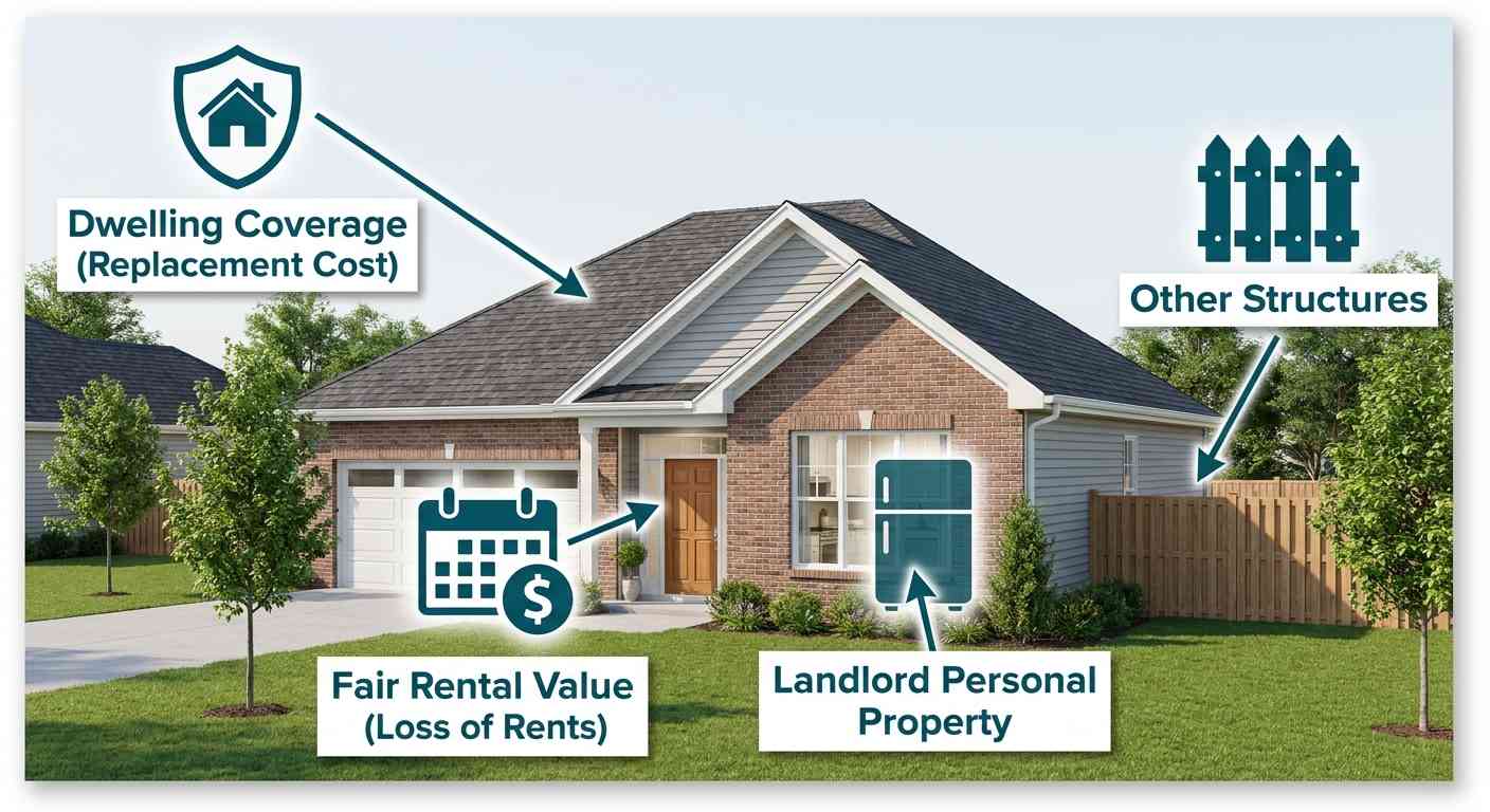 An image of a Charlotte rental home with icons illustrating the four main types of DP-3 landlord insurance coverage: Dwelling, Other Structures, Fair Rental Value (Loss of Rents), and Landlord Personal Property.