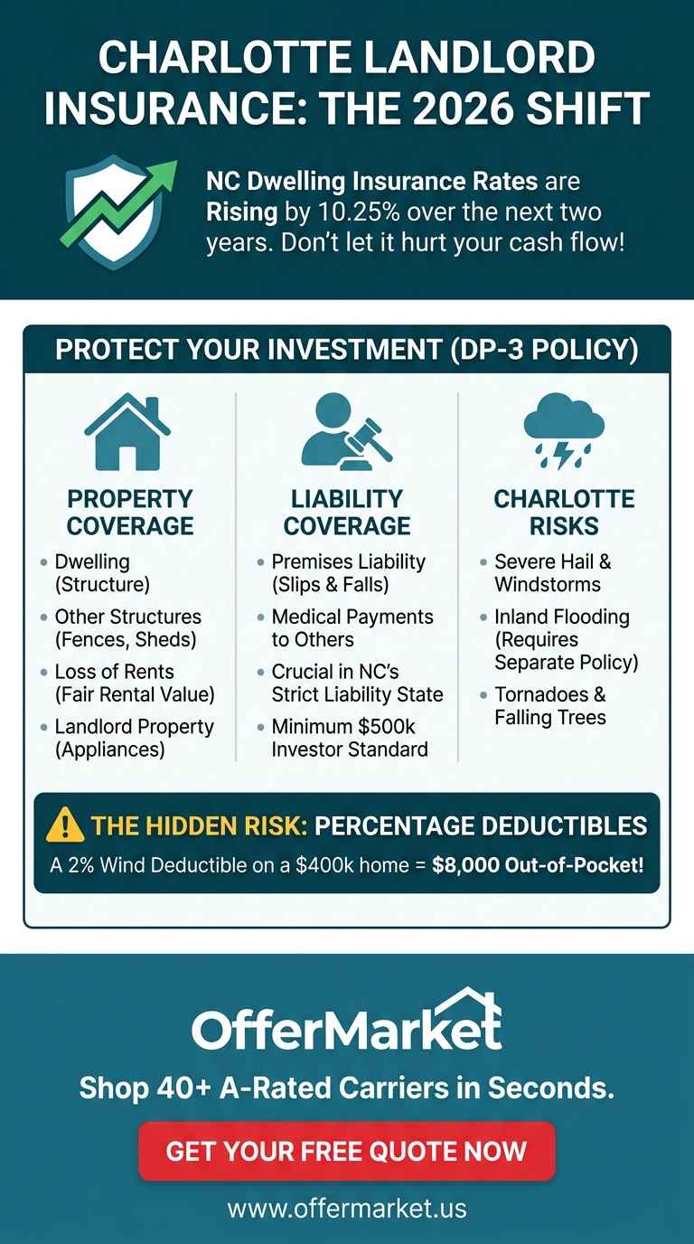 Infographic detailing key aspects of landlord insurance for Charlotte, NC investors. It highlights the 10.25% rate increase, explains property and liability coverage under a DP-3 policy, lists common Charlotte weather risks, warns about percentage deductibles, and provides a call to action to get a quote from OfferMarket.