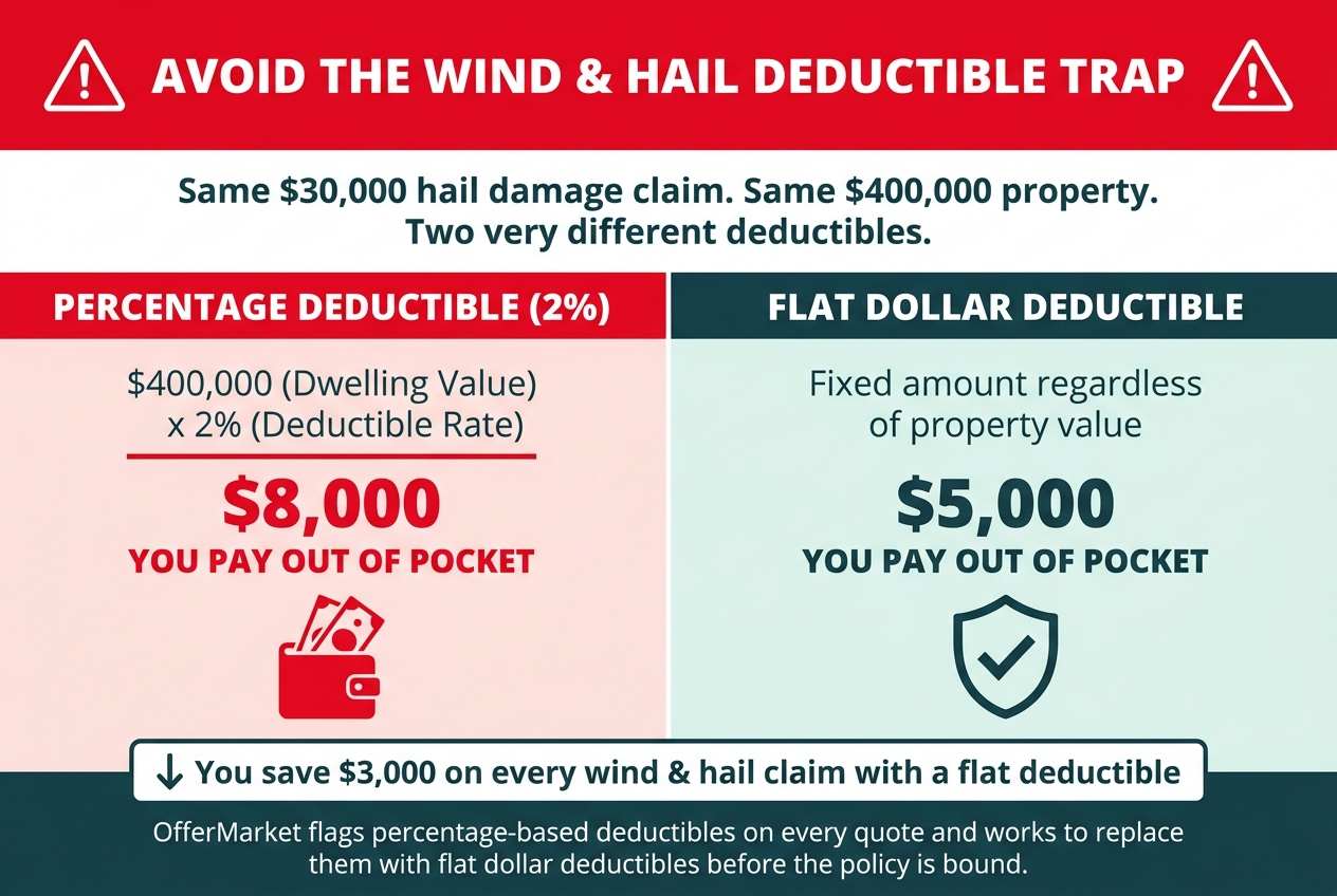 A comparison graphic showing the financial impact of a 2% percentage deductible ($8,000 out-of-pocket) versus a $2,500 flat dollar deductible on a hail claim for a Charlotte rental property.