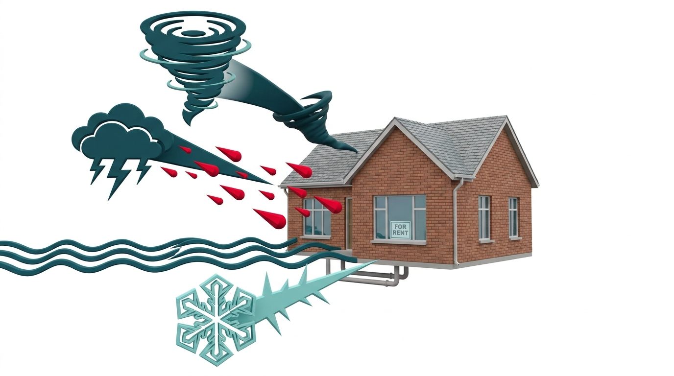 An illustrative image showing a rental property in Little Rock facing four major weather risks: a tornado, a hailstorm, flooding, and ice.