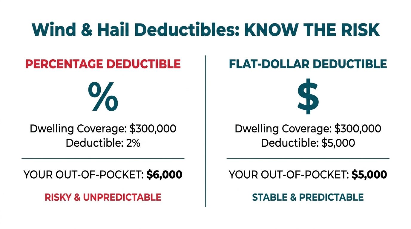 A comparison chart showing the difference between a 2% percentage deductible ($6,000 out-of-pocket) and a $2,500 flat-dollar deductible on a $300,000 property, highlighting that flat-dollar deductibles are more predictable for landlords.
