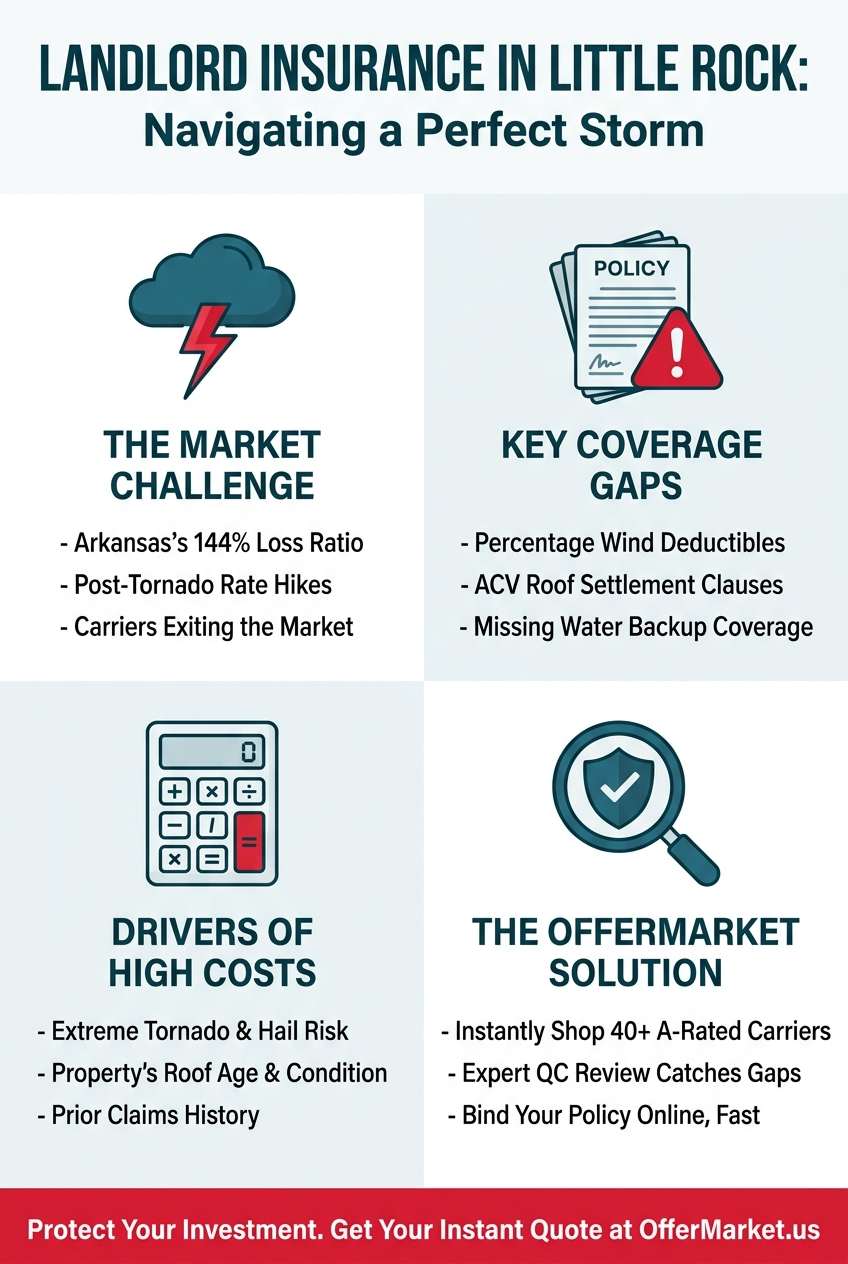 Infographic detailing the challenges of landlord insurance in Little Rock. It covers the market crisis due to a 144% loss ratio, common policy gaps like percentage deductibles, cost drivers like tornado risk, and OfferMarket's solution of shopping 40+ carriers.