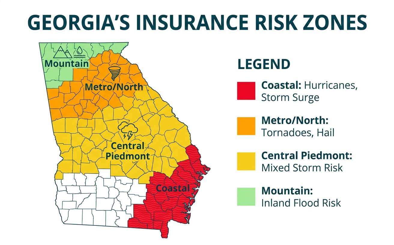 A map of Georgia showing the four main insurance risk zones. The coastal area is red for hurricane risk, the northern area is orange for tornado and hail risk, the central area is yellow for mixed storm risk, and the mountain region is green for inland flood risk.