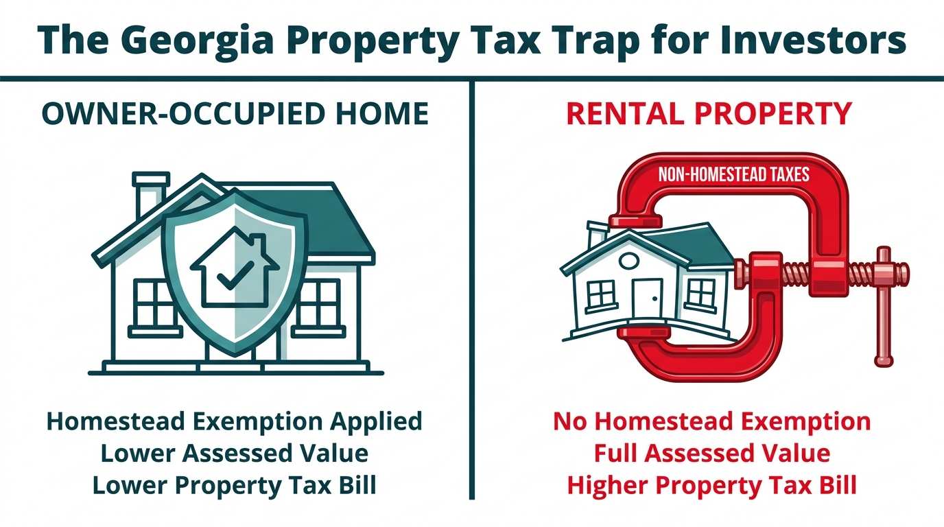 An illustration comparing property taxes for an owner-occupied home versus a rental property in Georgia. The owner-occupied home is protected by a shield labeled 