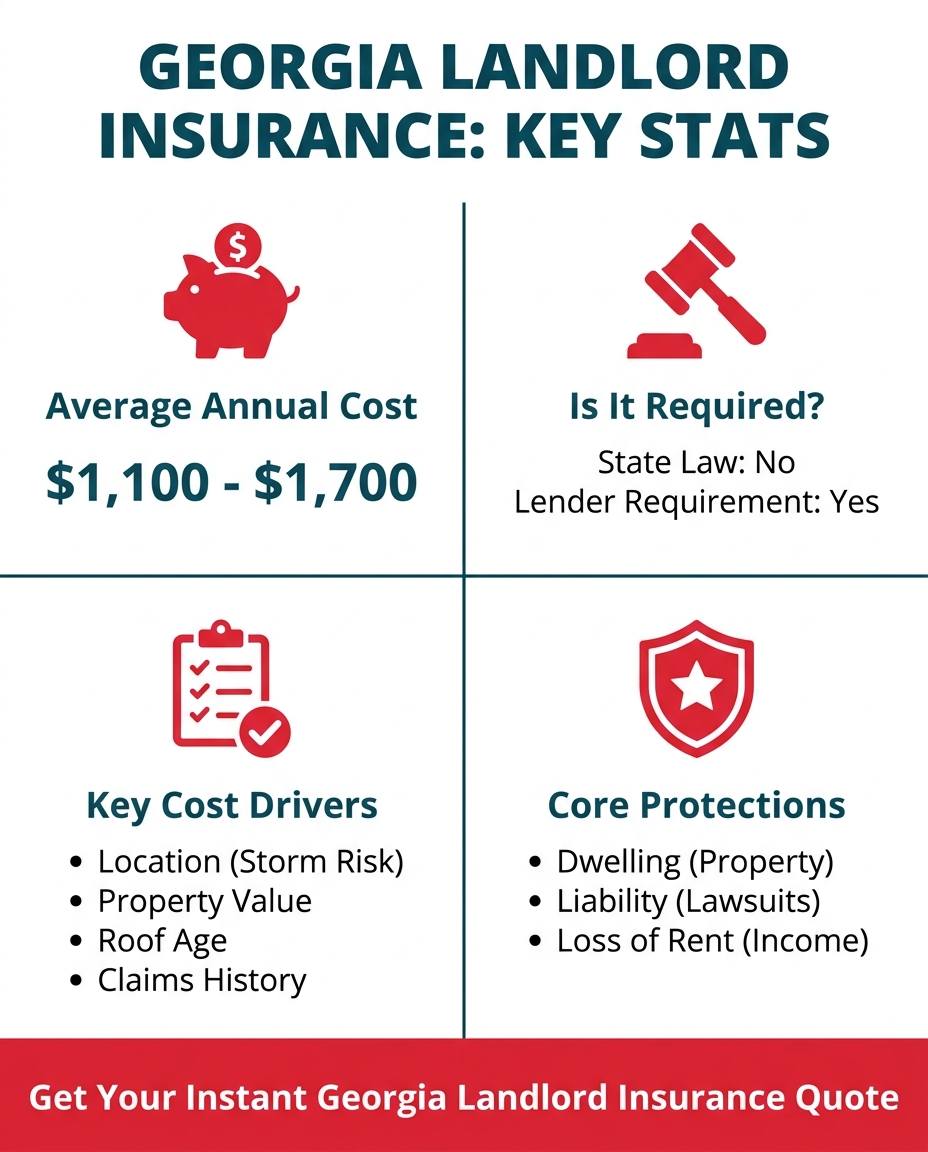 An infographic summarizing Georgia landlord insurance key stats. It shows the average annual cost is $1,100 to $1,700, that it's required by lenders, key cost drivers like location and roof age, and core protections including dwelling, liability, and loss of rent.