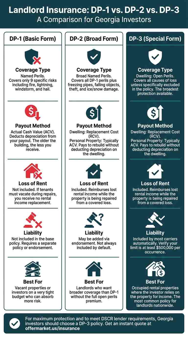 A chart comparing DP-1, DP-2, and DP-3 landlord insurance policies in Georgia. It shows that DP-3 is the recommended option for occupied rentals because it offers open perils coverage, replacement cost value (RCV) settlement, and includes loss of rent.