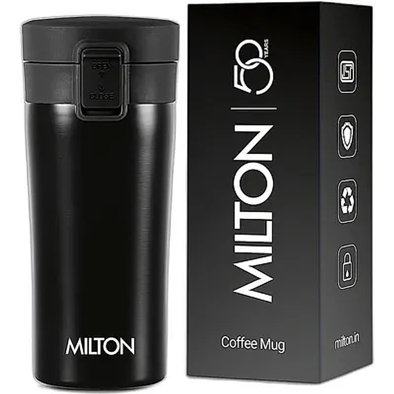 MILTON Thermosteel Vacuum Insulated Travel Coffee Mug, 300ml, Black,