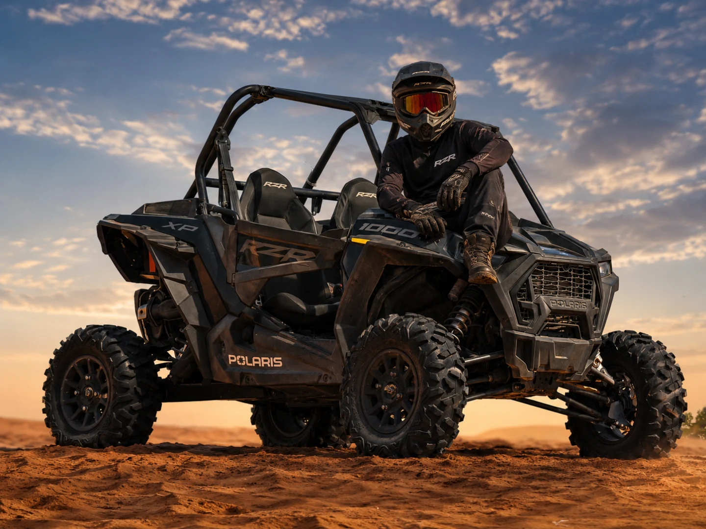 Safety gears while driving a dune buggy in red sand desert Dubai