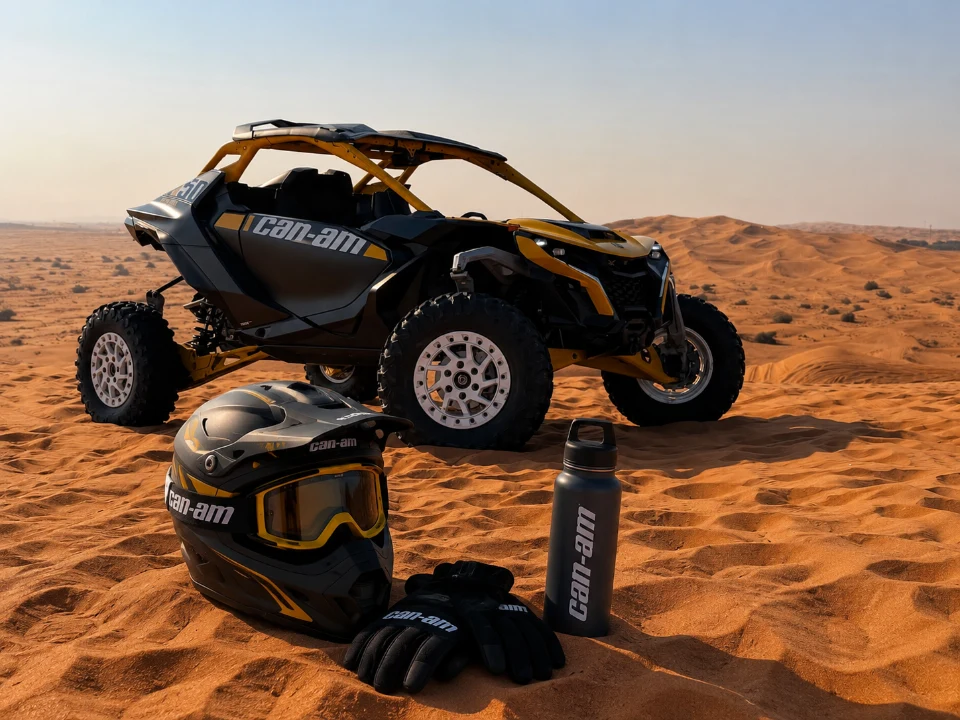 Safety gears while driving a dune buggy in red sand desert Dubai
