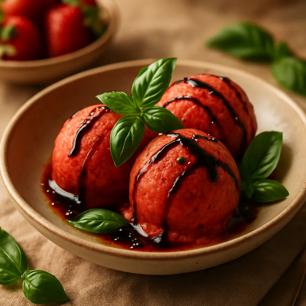 Basil Infused Strawberry Sorbet with Balsamic Drizzle