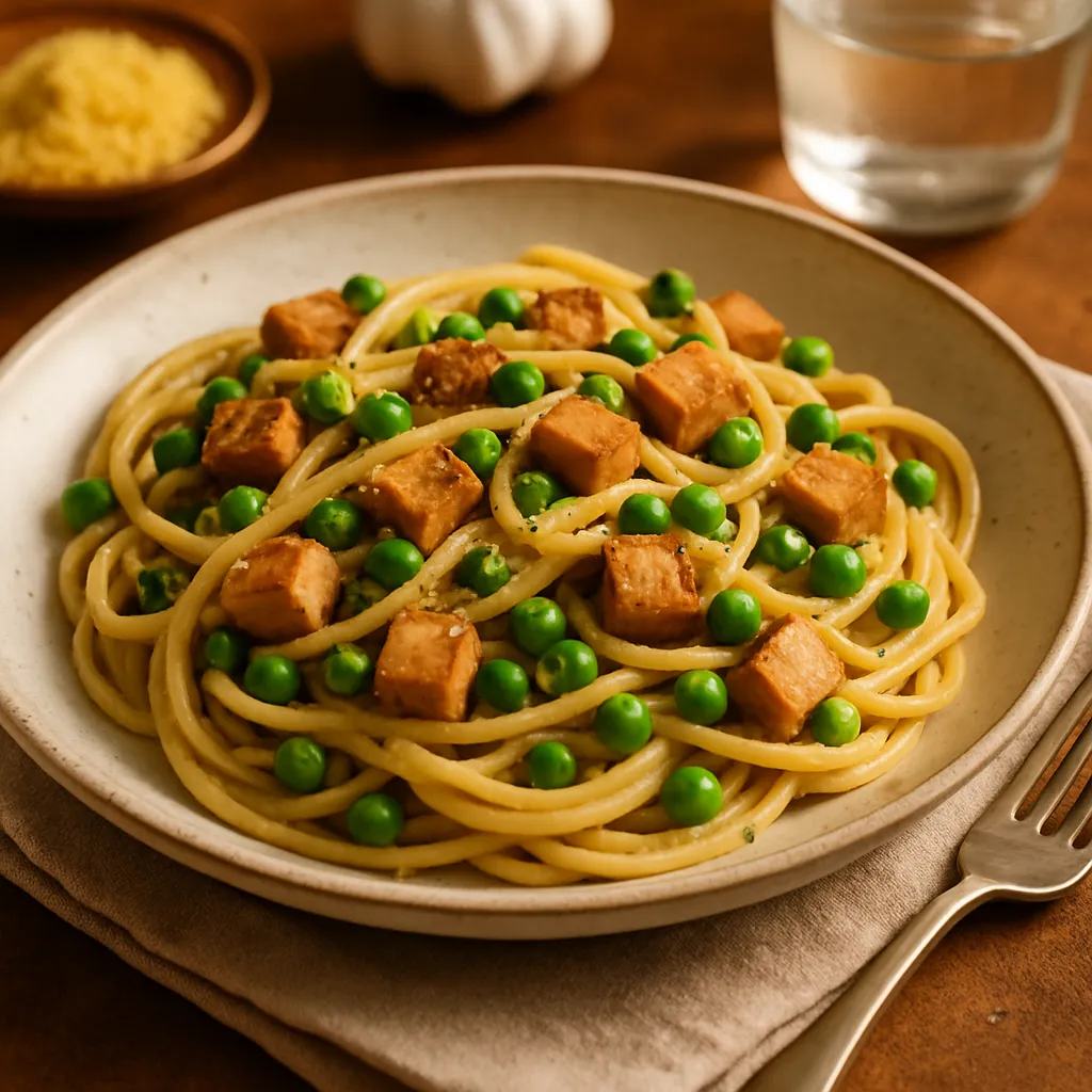 Vegan Carbonara with Smoked Tofu and Peas