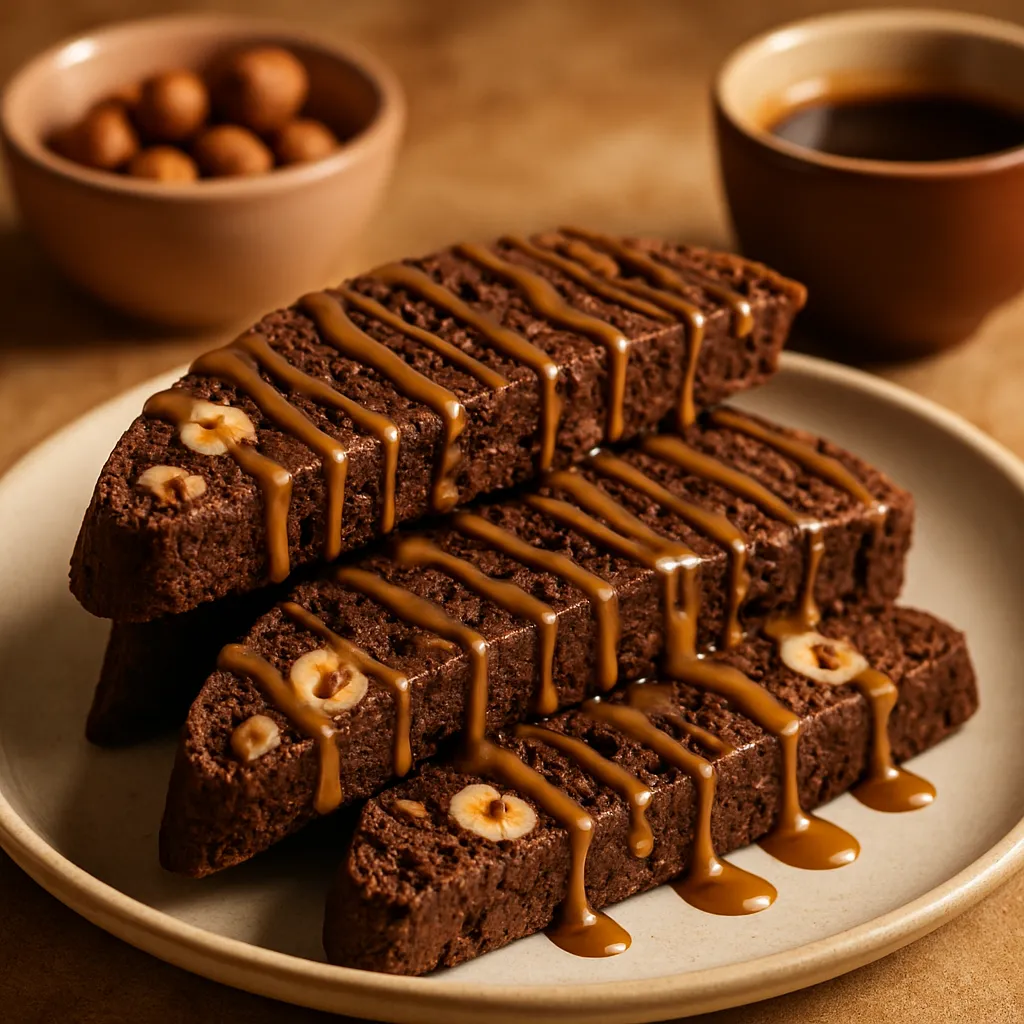 Vegan Chocolate Hazelnut Biscotti with Espresso Glaze