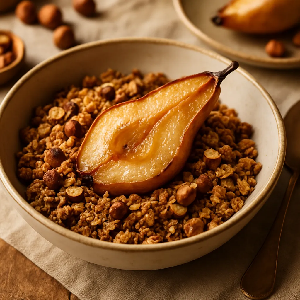 Roasted Pear & Hazelnut Crumble with Oat Topping