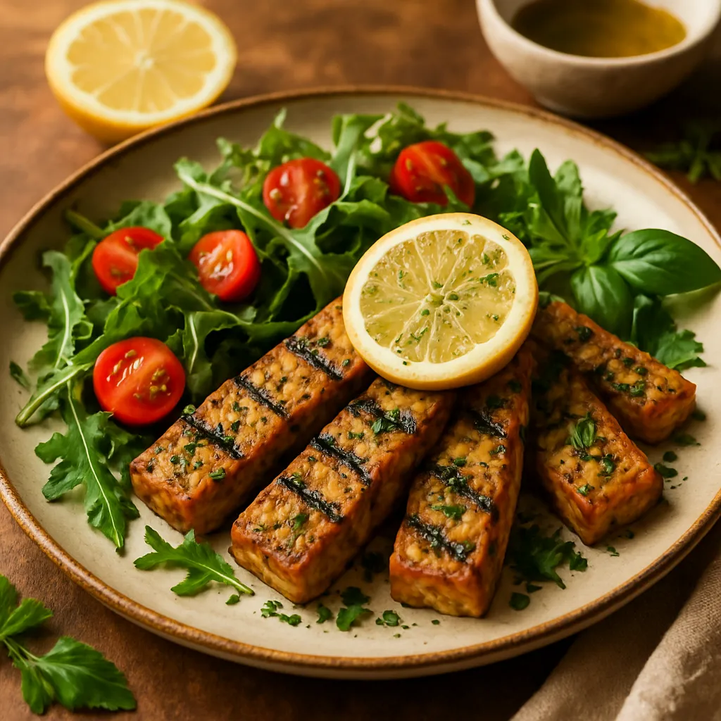 Grilled Lemon Herb Tempeh with Arugula Salad
